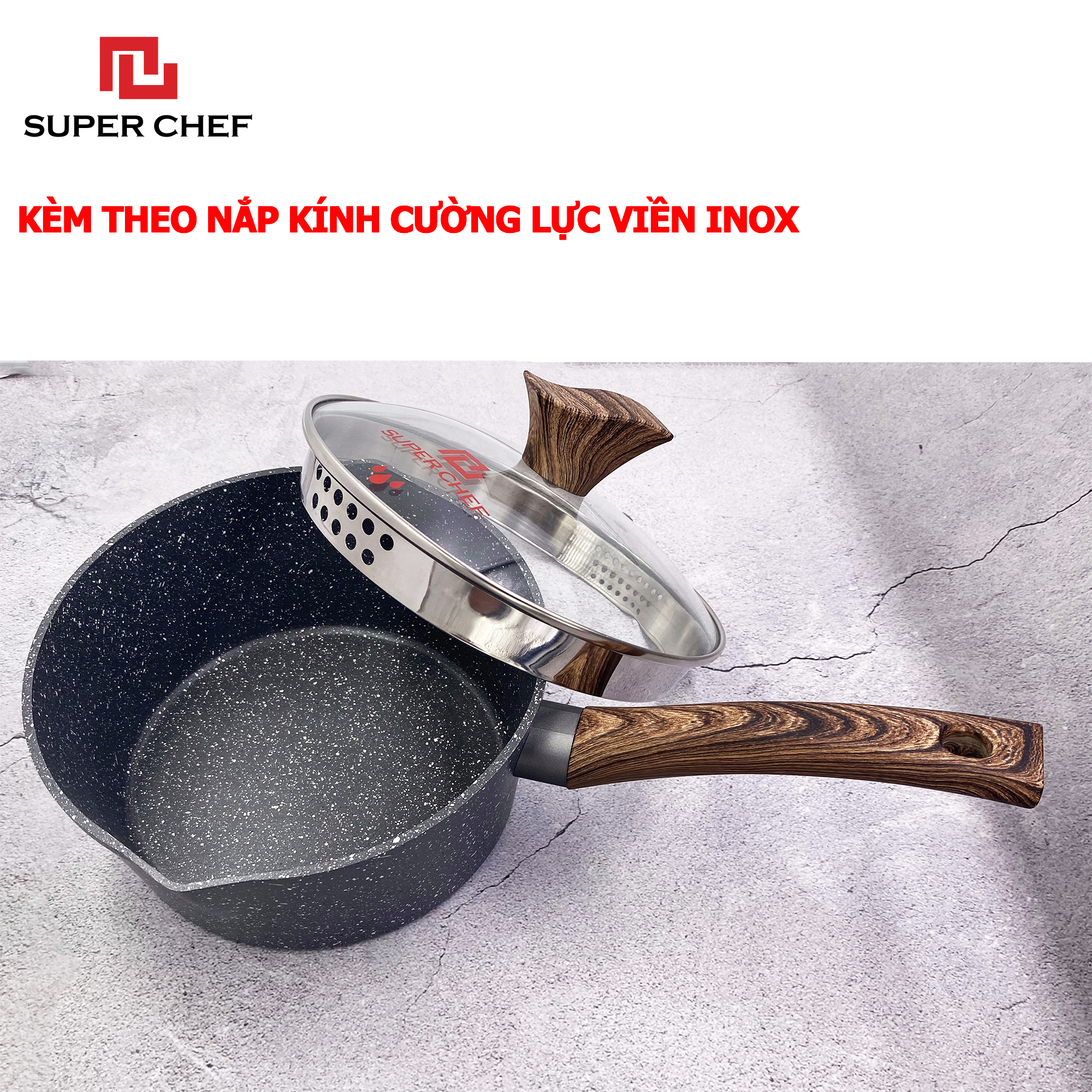 Nồi Vân Đá Cán Dài Đáy Từ Super Chef Chống Dính Hạn Chế Dầu Mỡ, Siêu An Toàn, Bền Bỉ Không Bong Tróc ( size 16-20cm) Dùng Cho Mọi Loại Bếp