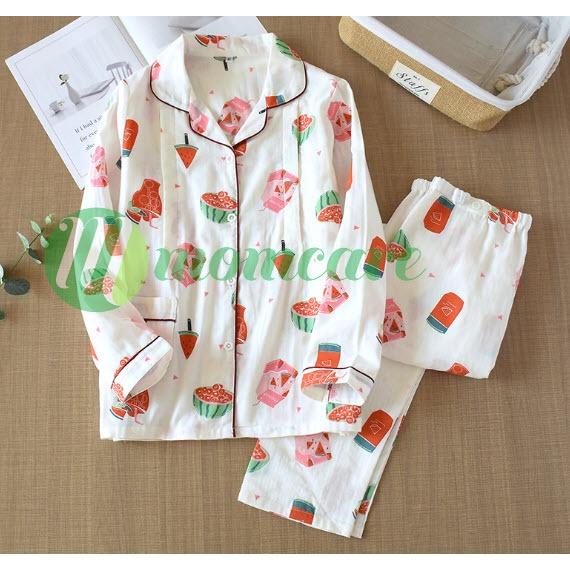 Bộ đồ bầu sau sinh và cho con bú ti XÔ NHẬT thô đũi Đẹp, mát - Pijama thời trang, Pizama mặc nhà dài tay cho mẹ Bigsize 2022