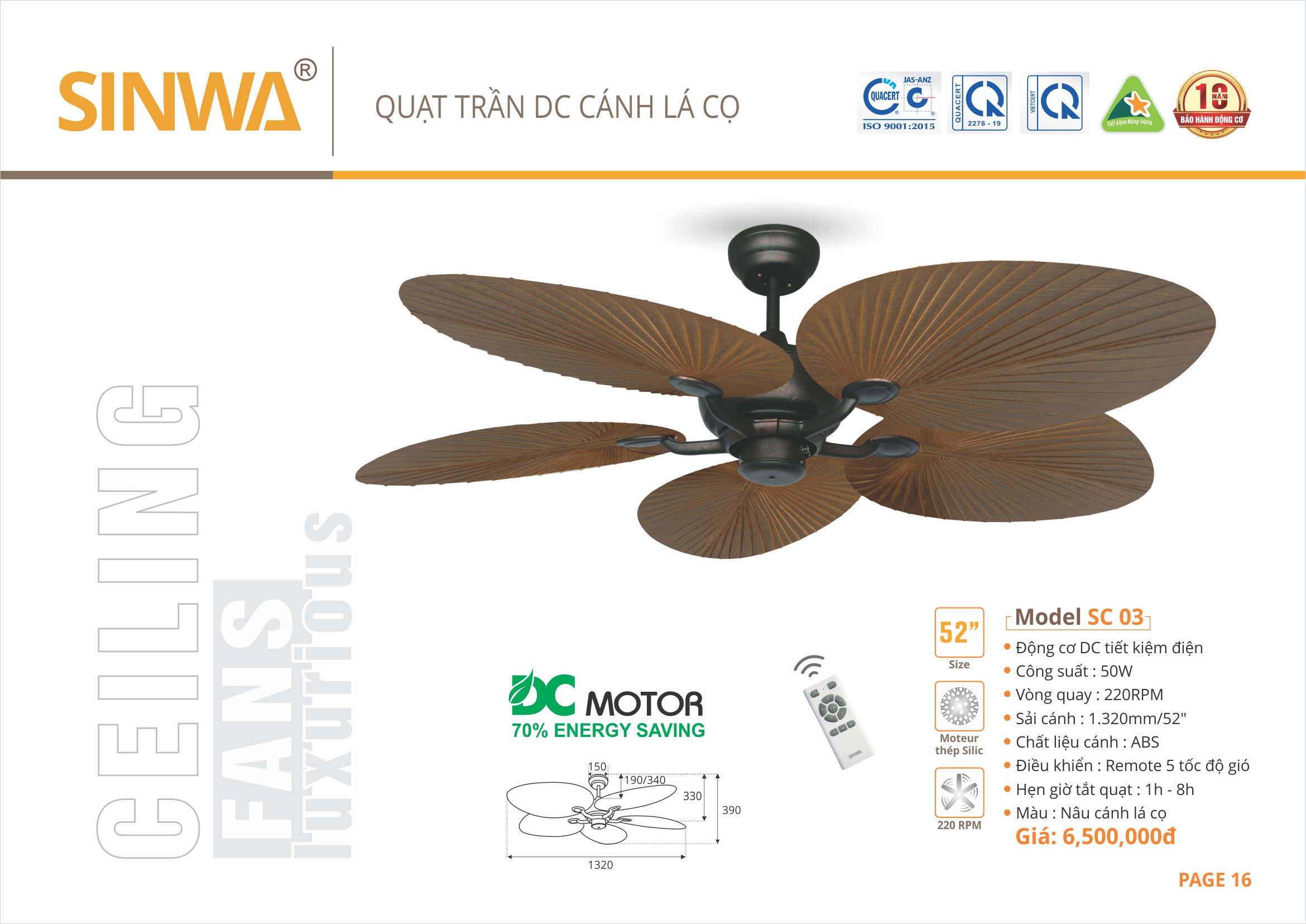 QUẠT TRẦN DC CÁNH LÁ CỌ SINWA SC03 (Hàng chính hãng)