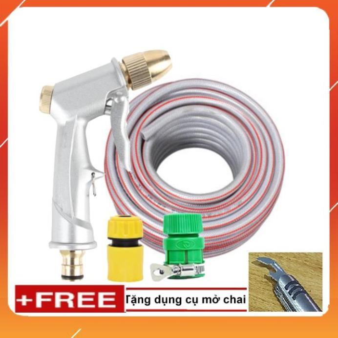 Bộ dây vòi xịt nước rửa xe, tưới cây . tăng áp 3 lần, loại 20m 206701 đầu đồng,cút+ tặng mở chai