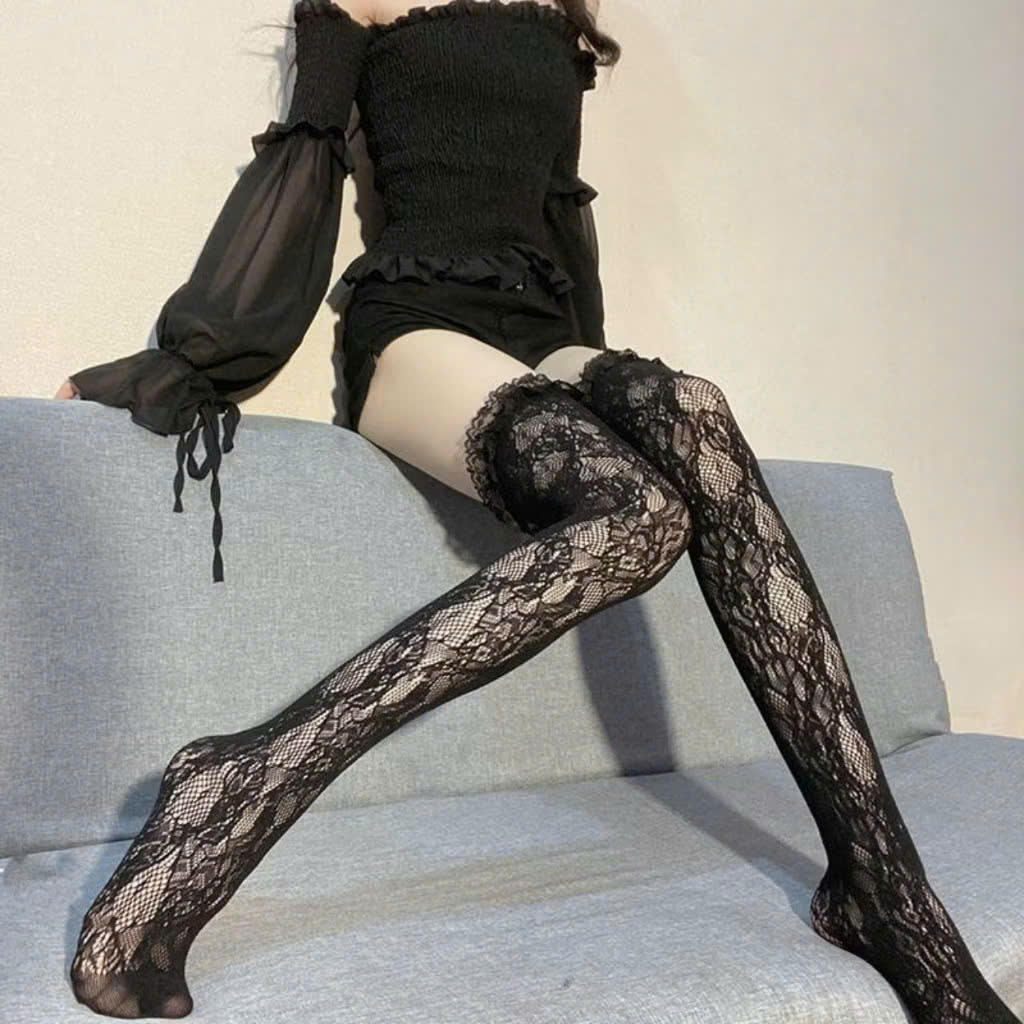 [KoSuyTu] Tất Đùi Lưới Ren Hoa Mây Quyến Rũ LOLITA - Qua Gối, Cosplay Nữ Tính