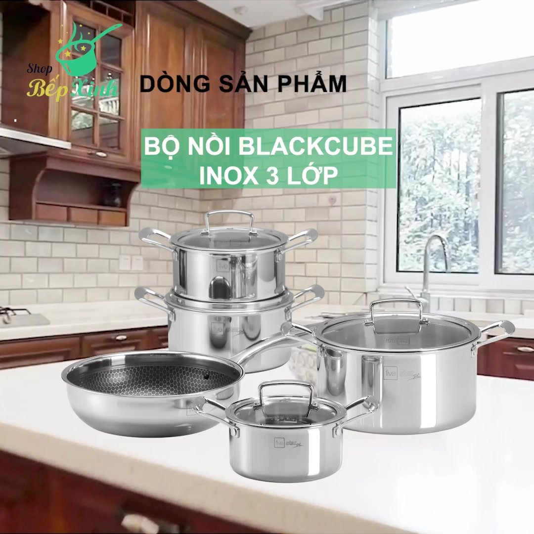 Bộ 4 nồi và 1 chống dính BlackCube 3 lớp đáy liền inox 304 Fivestar Plus nắp kính công nghệ chống trầy xước, dùng được mọi bếp