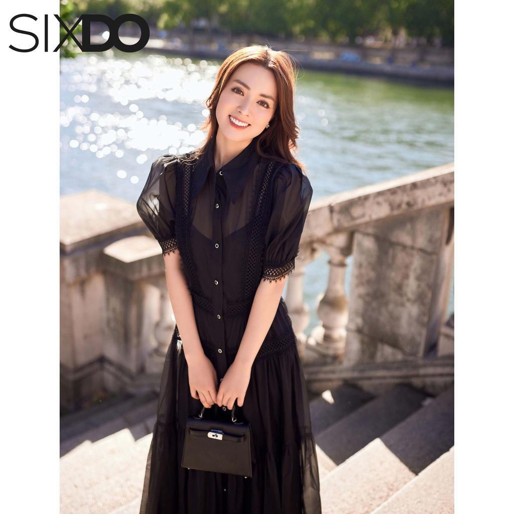 Đầm tơ oganza đen tay bồng nhẹ SIXDO