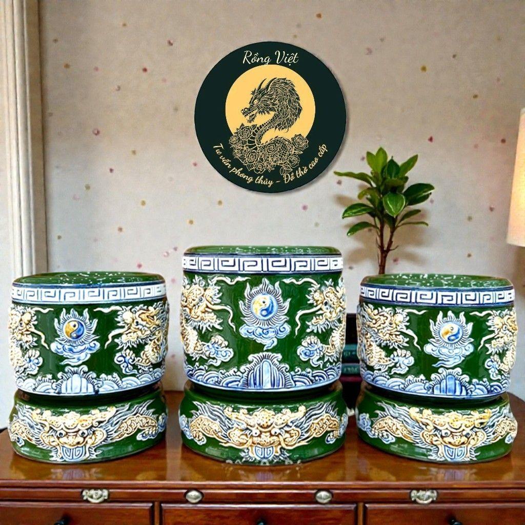 Bát Hương Gốm Sứ Bát Tràng Men Xanh RỒNG VIỆT Cao Cấp - Bát Nhang Thờ Gia Tiên, Thần Tài