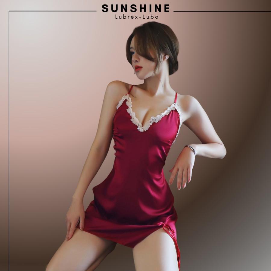 Váy ngủ lụa cao cấp phối ren sexy Đầm ngủ lụa 2 dây sexy màu đỏ dành cho nữ Sunshine Lubrexlubo VL1045