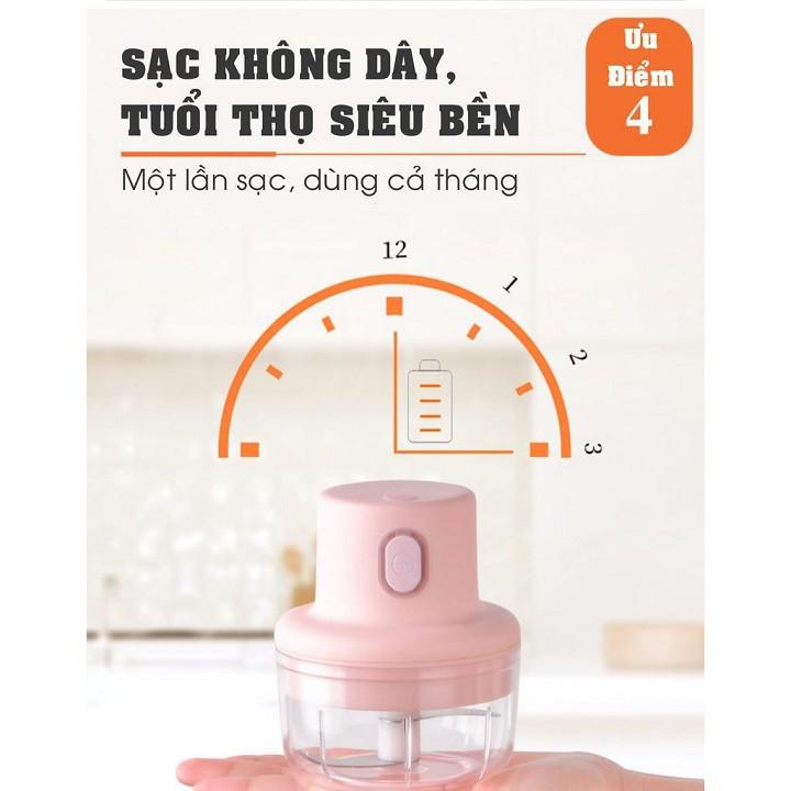 Máy Xay Mini Máy Xay Hành Tỏi Rau Củ Quả Sạc Điện Có Cổng Sạc Usb, Nhỏ Gọn Tiện Ích Dễ Sử Dụng 250ML