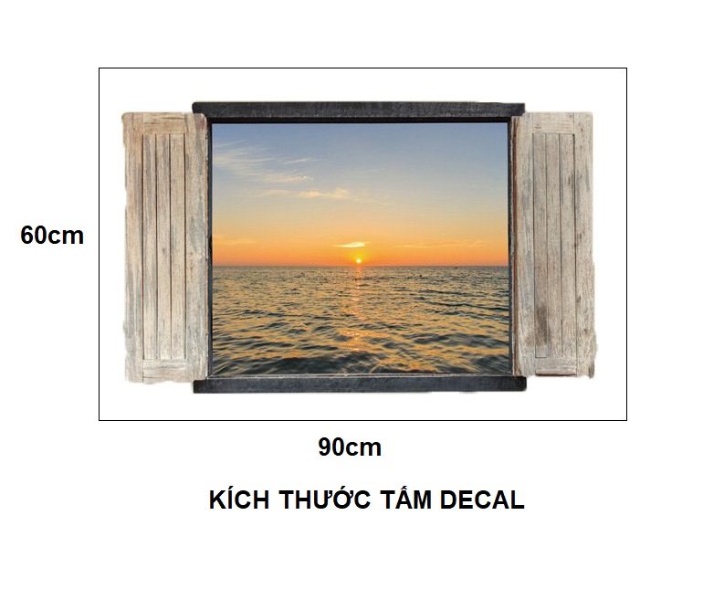 Decal dán tường 3d cửa sổ bình minh trên biển lớn
