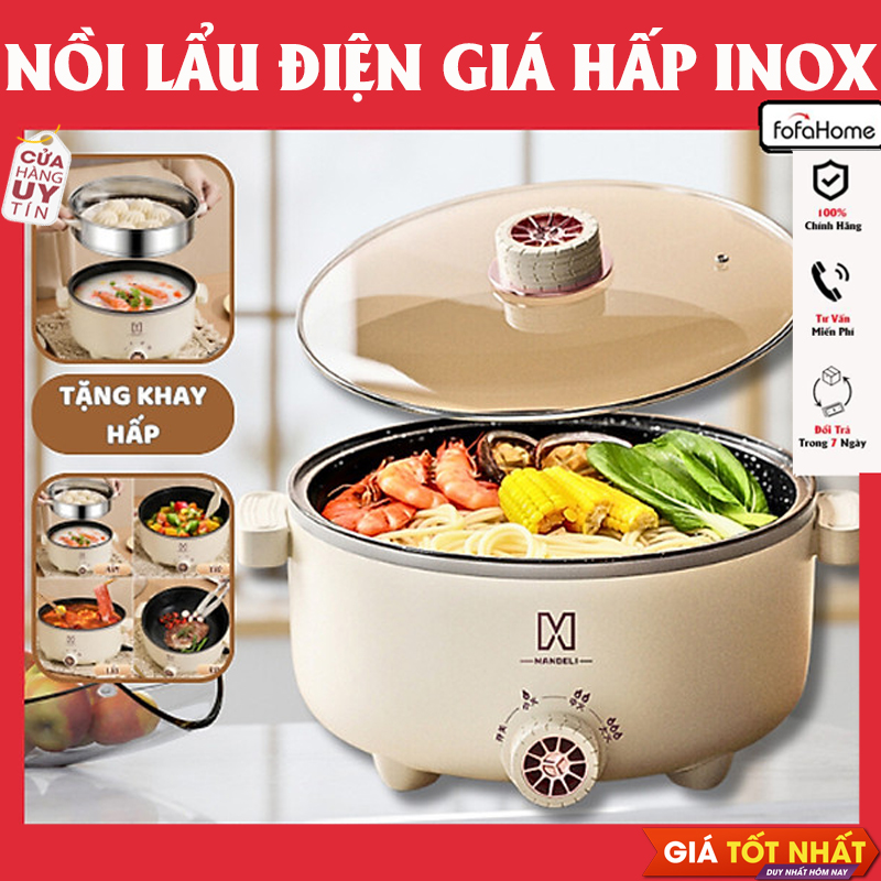 Nồi Lẩu Điện 2 Tầng 28cm Mandeli, Nồi Lẩu Điện Đa Năng Kèm Xửng Hấp Công Suất 1000W Nồi Lẩu Điện Đa Năng 2 Tầng Kèm Giá Hấp Inox 28 Cm Tráng Men Chống Dính Công Suất 1000W- Hàng chính hãng