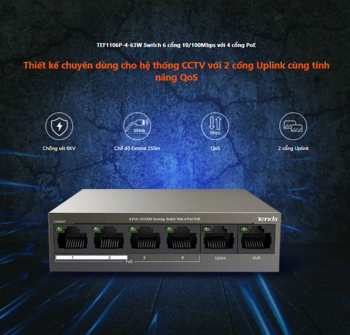 Bộ chia mạng switch 6 cổng 10/100Mbps TEF1106P-4-63W Tenda hàng chính hãng