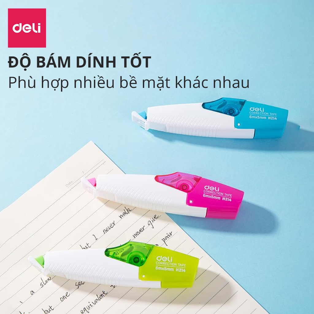 Băng xóa kéo học sinh 6m Deli - Kiểu dáng mới dễ sử dụng có nắp bảo vệ đầu kéo - Màu ngẫu nhiên - EH21401
