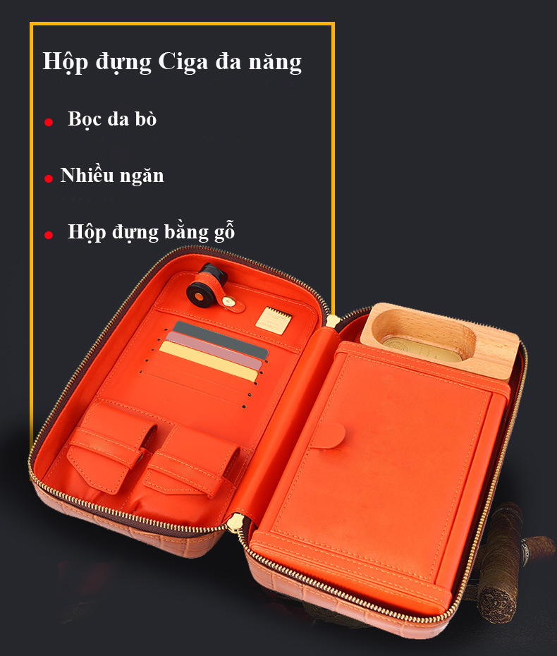 Bộ Set Bao Da Và Phụ Kiện Xì Gà JF-502 Bao Gôm Hộp Đựng, Hột Quẹt Bật Lửa, Cắt, Gạt Tàn, Kệ Kê Cigar Bằng Gỗ Tuyết Tùng Cao Cấp