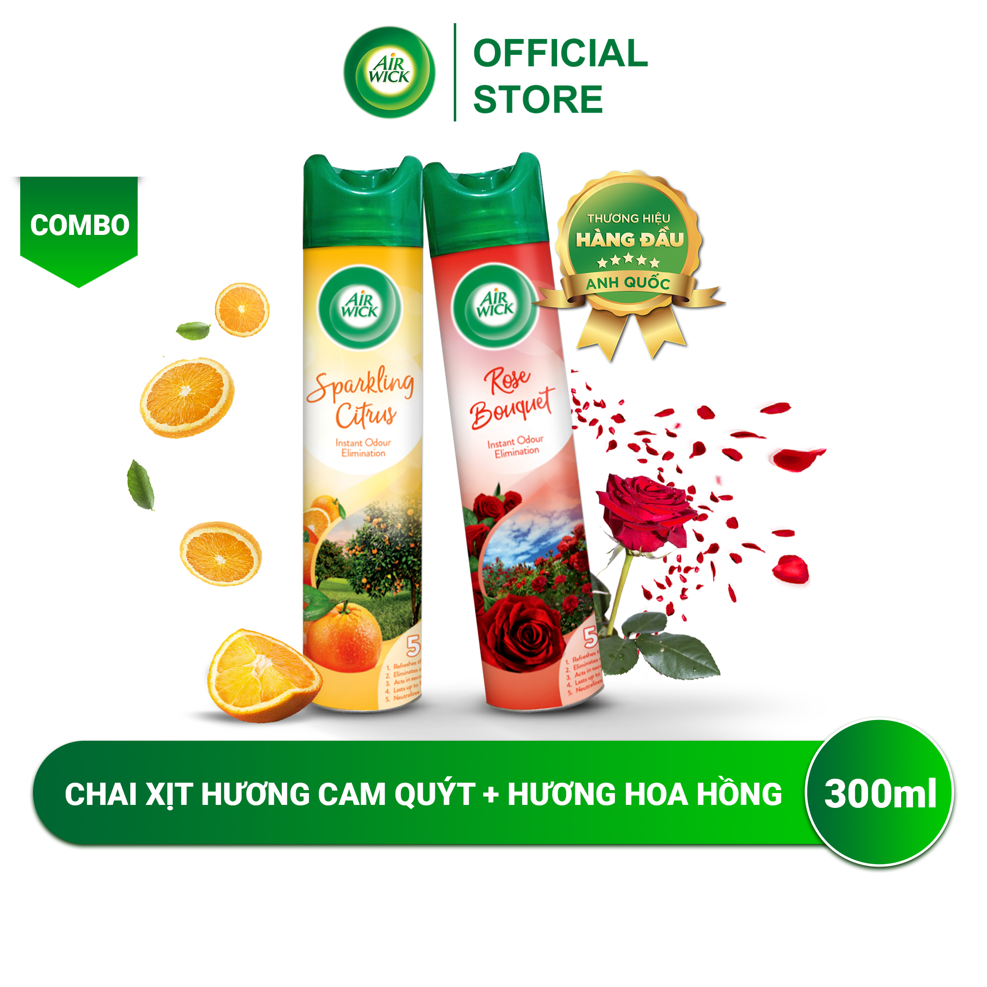 Combo 2 chai xịt thơm phòng, Air Wick, hương Cam Quýt &amp; Hoa Hồng, 300ml/chai