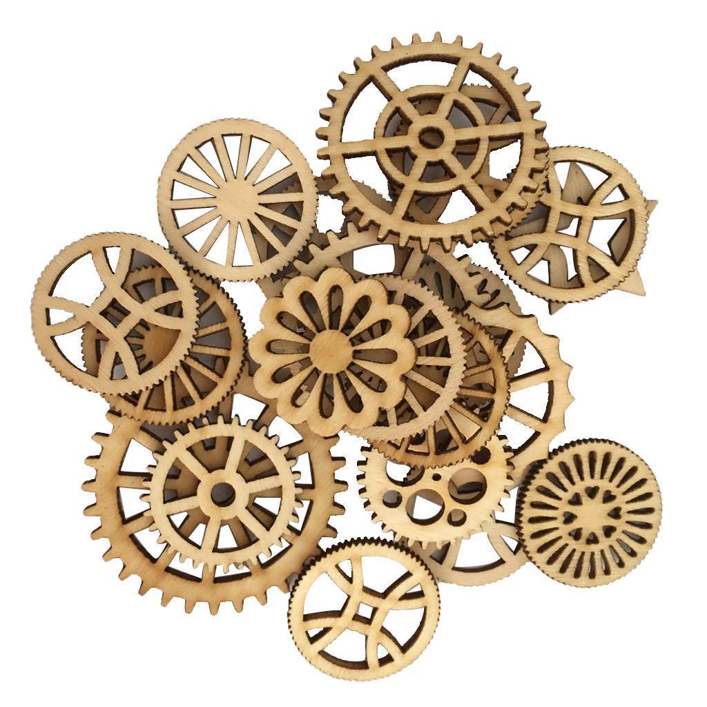 100 Pieces Novelty Wooden Shapes Wooden Gear Flower Shapes Craft Blank Natural Unfinished Cutout Shape Home Decoration