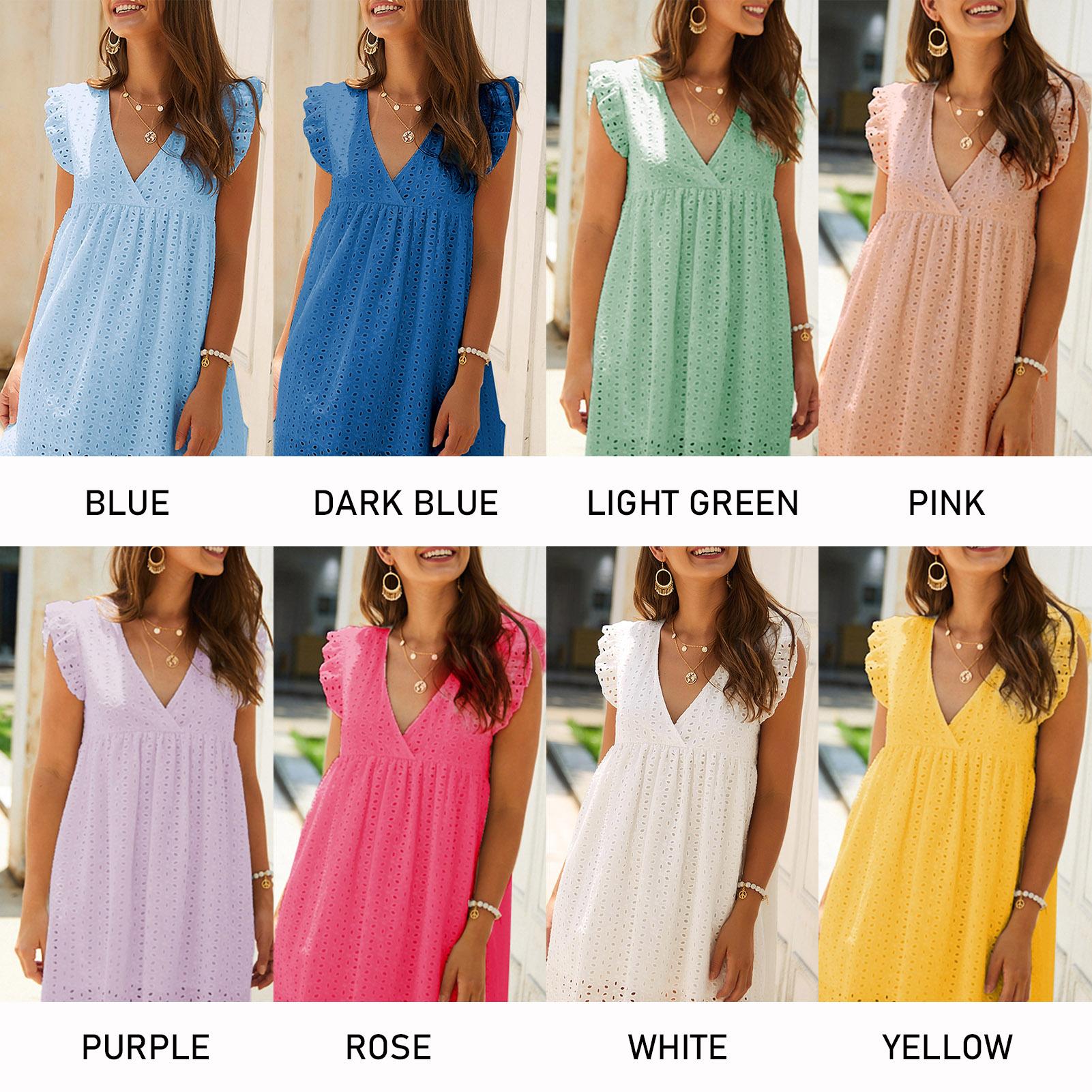Fashion Women Solid Color Dress V Neck Short Sleeve Hollow Out Sweet Casual Summer Mini Dress