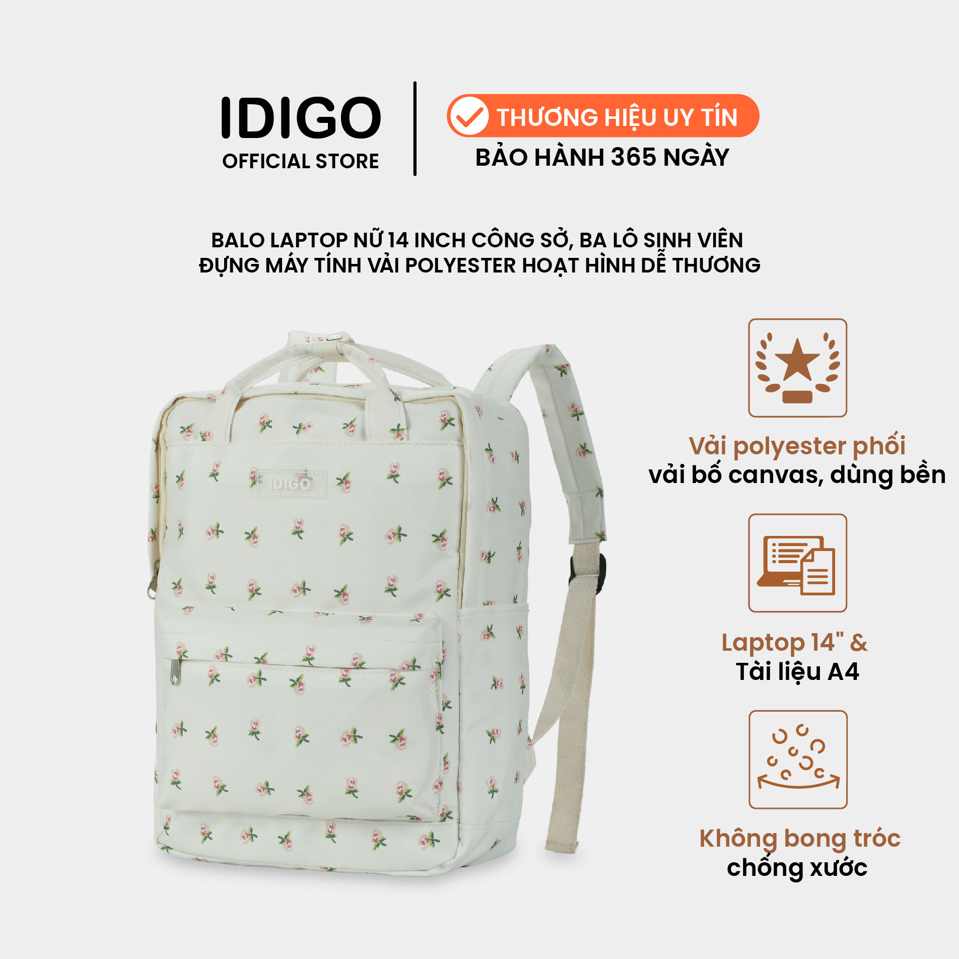 Balo laptop nữ 14 inch công sở, ba lô sinh viên đựng máy tính vải Polyester hoạt hình dễ thương IDIGO FBP6 - 3393