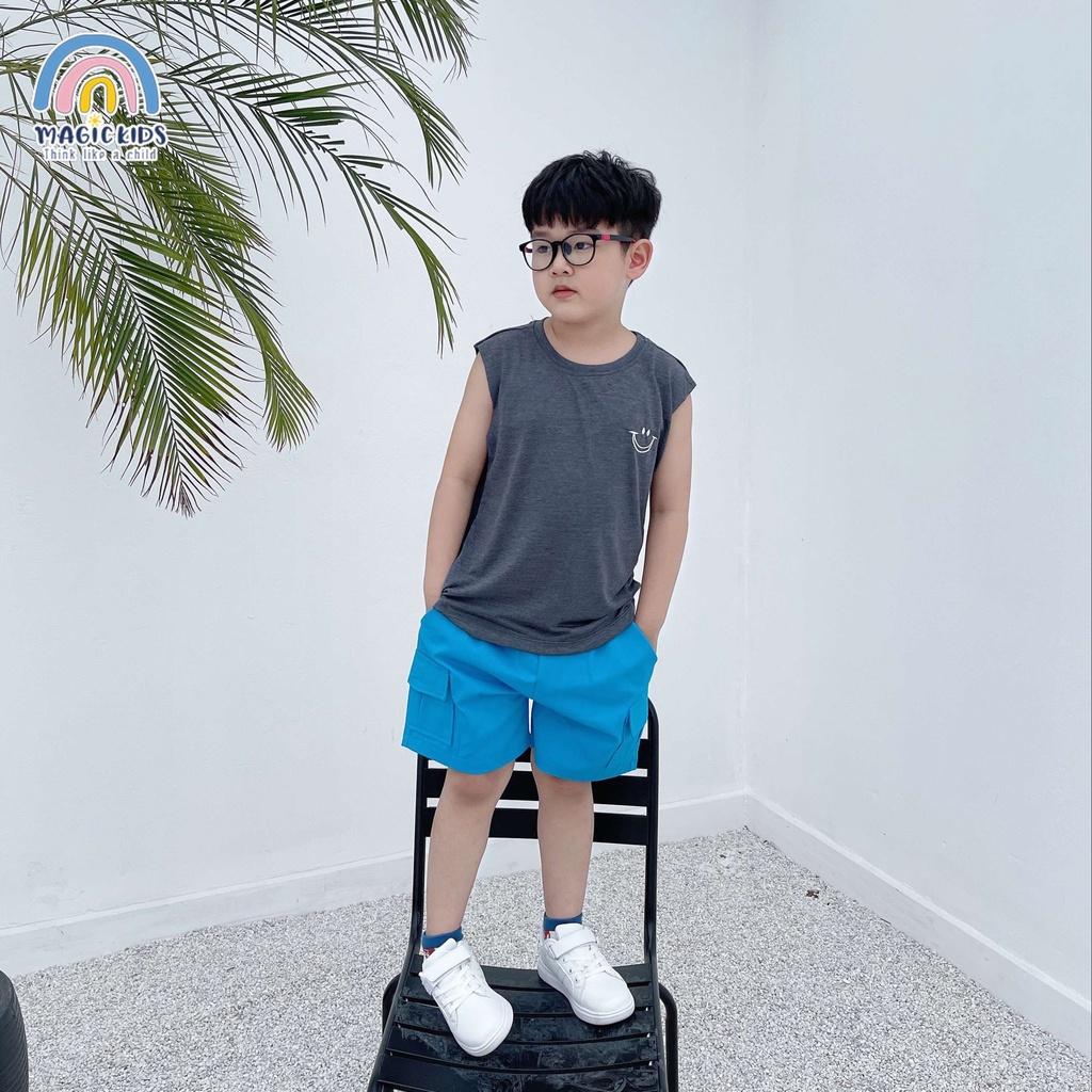 Quần đùi short kaki ngắn cho bé trai 1 2 3 4 5 6 7 tuổi túi ốp dây rút cá tính Magickids Quần áo trẻ em QĐ22004