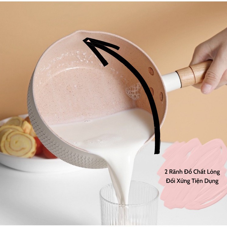 Chảo Chống Dính Sâu Lòng Đáy Từ Vân Tổ Ong Size 18cm Có Tay Cầm Gỗ-Nồi Nấu Mì Màu Pastel Lúa Mạch- Hàng Loại 1 Chính Hãng MINIIN