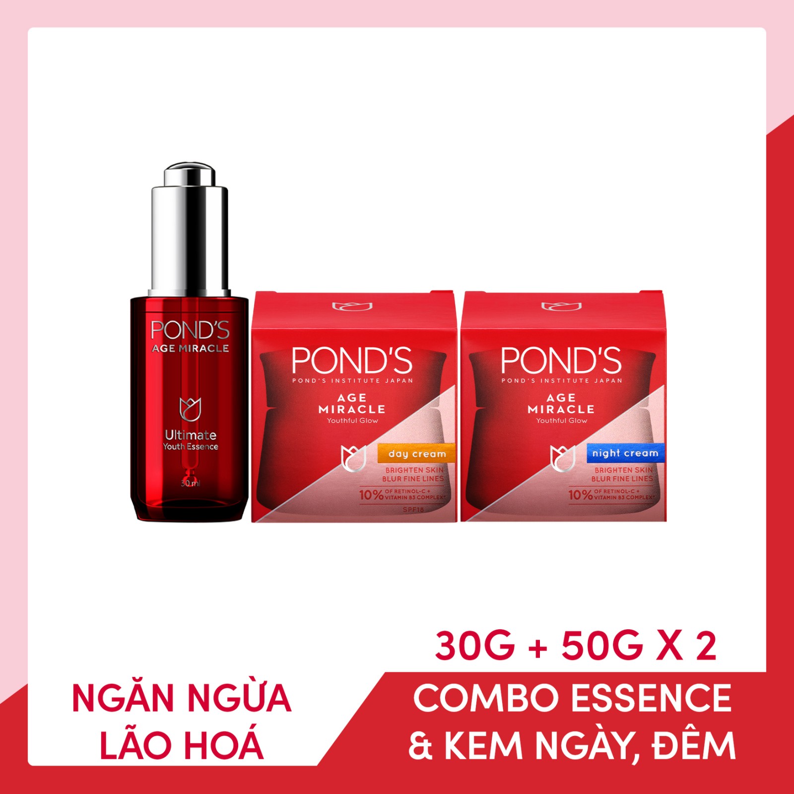 Combo kem dưỡng ẩm ngày, đêm và essence Pond's Age Miracle