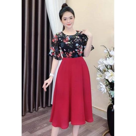 ĐẦM XÒE HỌA TIẾT HOA PHỐI CHÂN VÁY ĐỎ