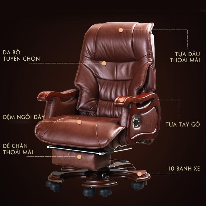 Ghế Chủ Tịch - Ghế Giám Đốc - Có massage 3D 7 điểm, da bò cao cấp, khung thép, chân xoay, ngả lưng