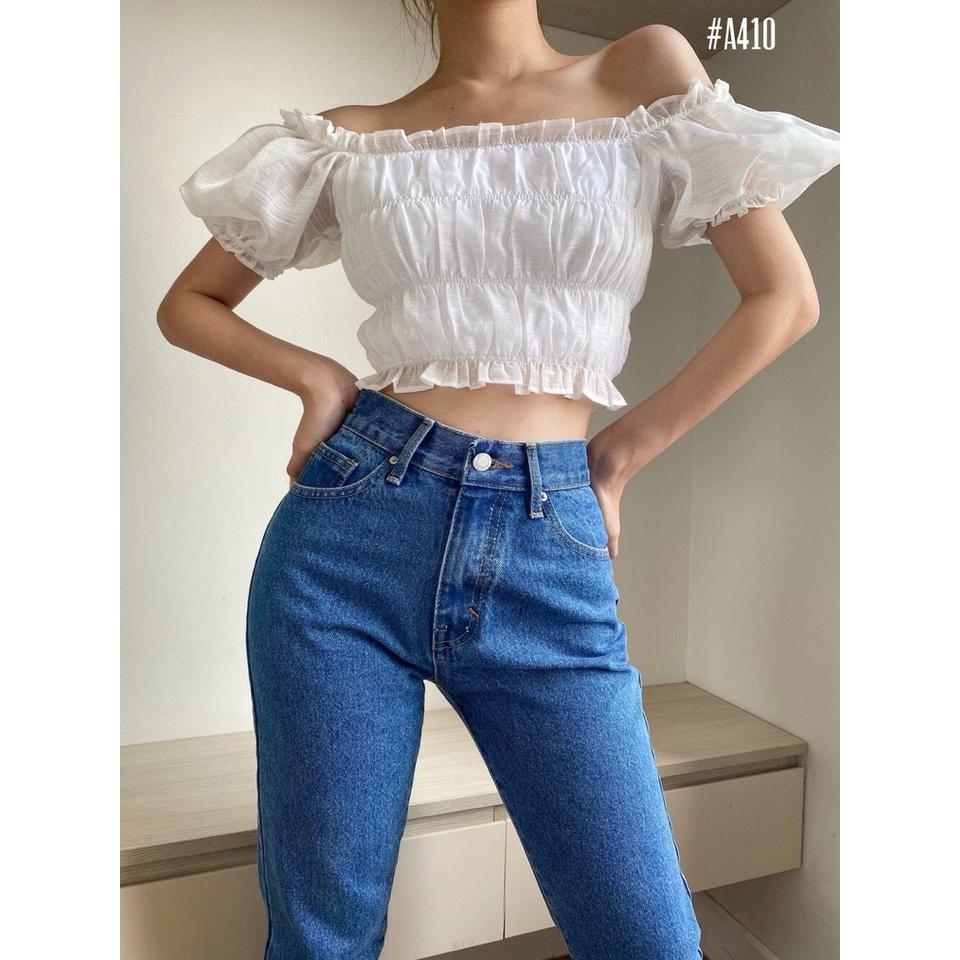 Áo croptop ánh kim trễ vai tay phồng có 2 màu freesize mặc được 2 kiểu