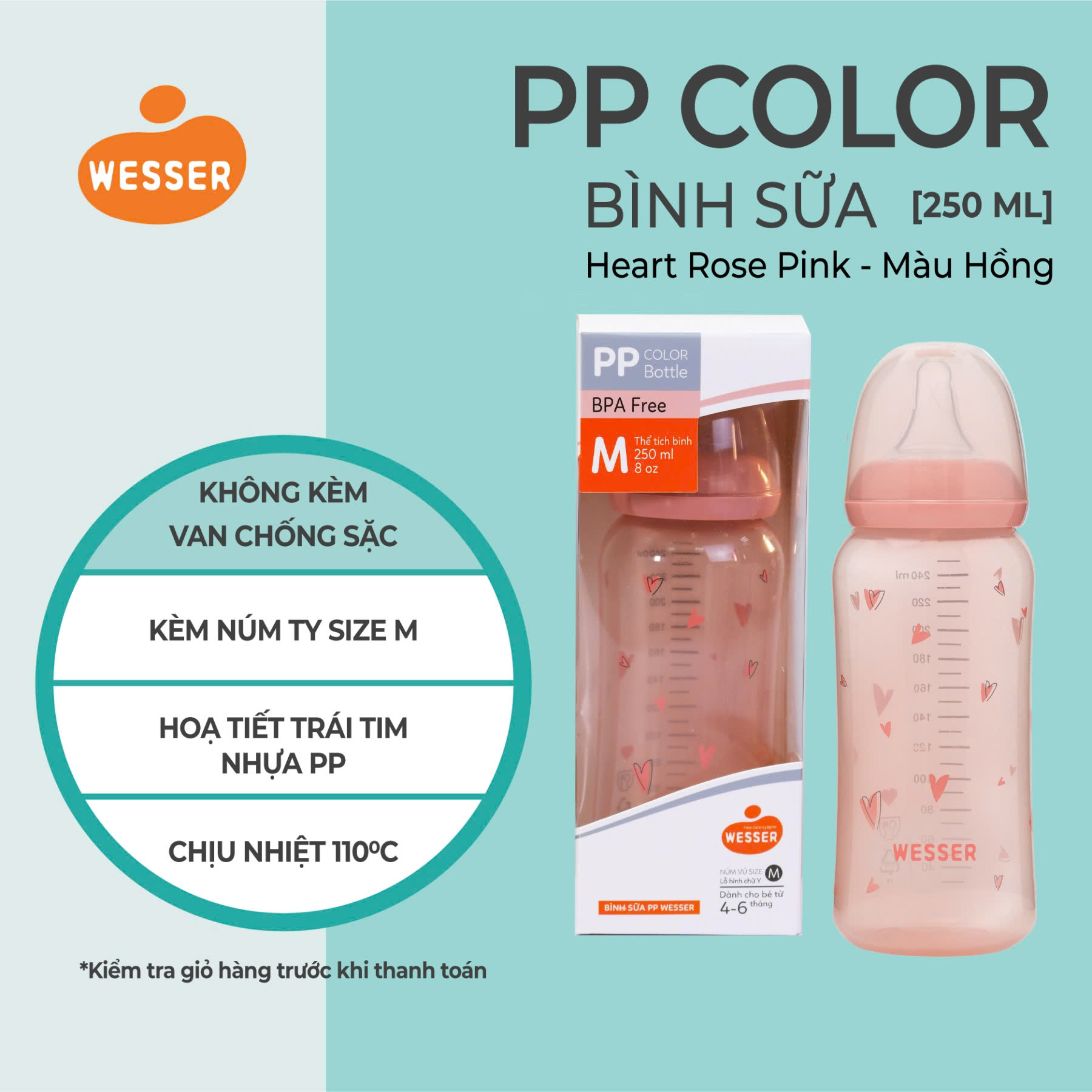 Bình sữa Cổ Hẹp PP Color Wesser 140ml/250ml