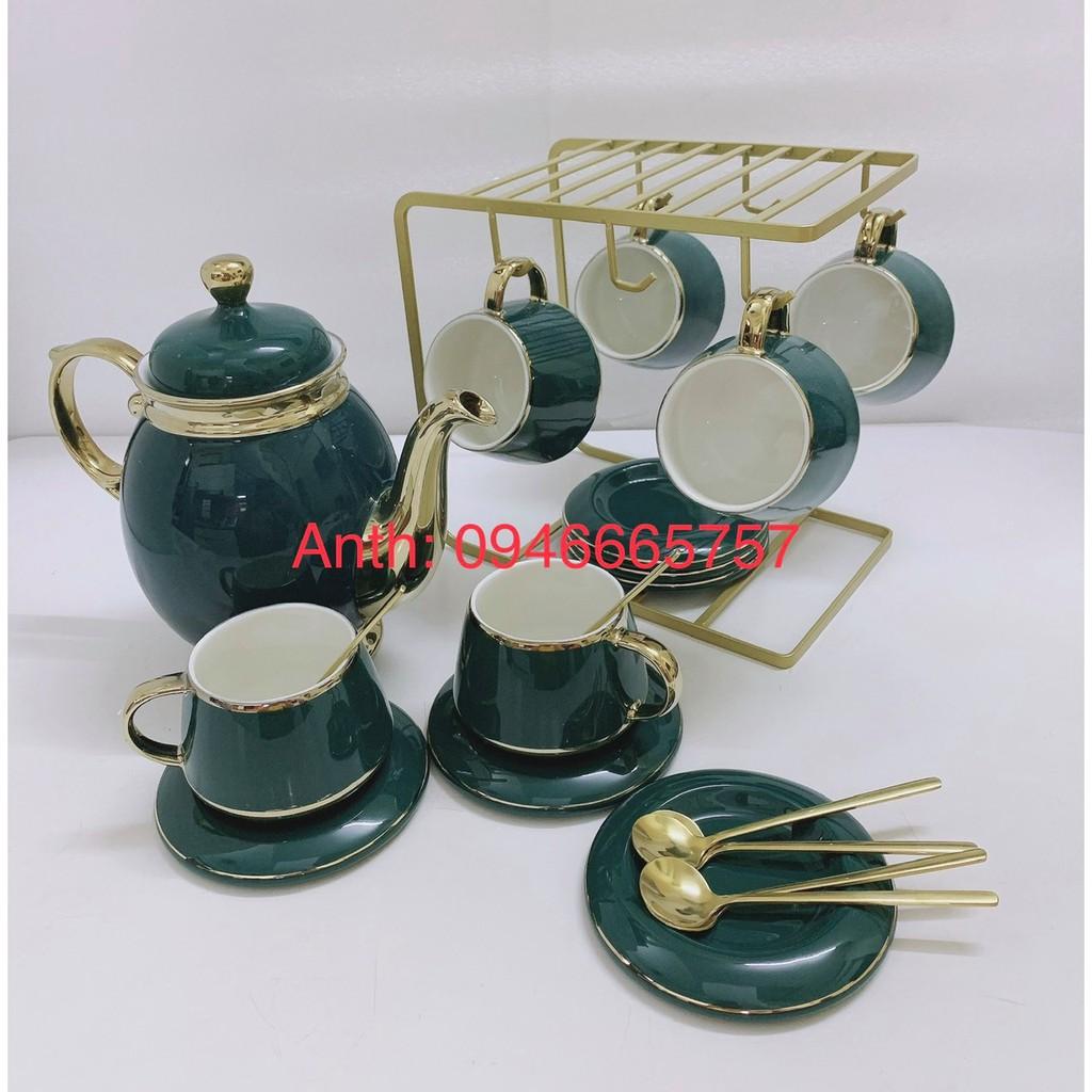Bộ bình trà cà phê màu xanh cổ vịt viền vàng, kèm Giá treo cốc, 6 thìa vàng, 6 đĩa lót tách