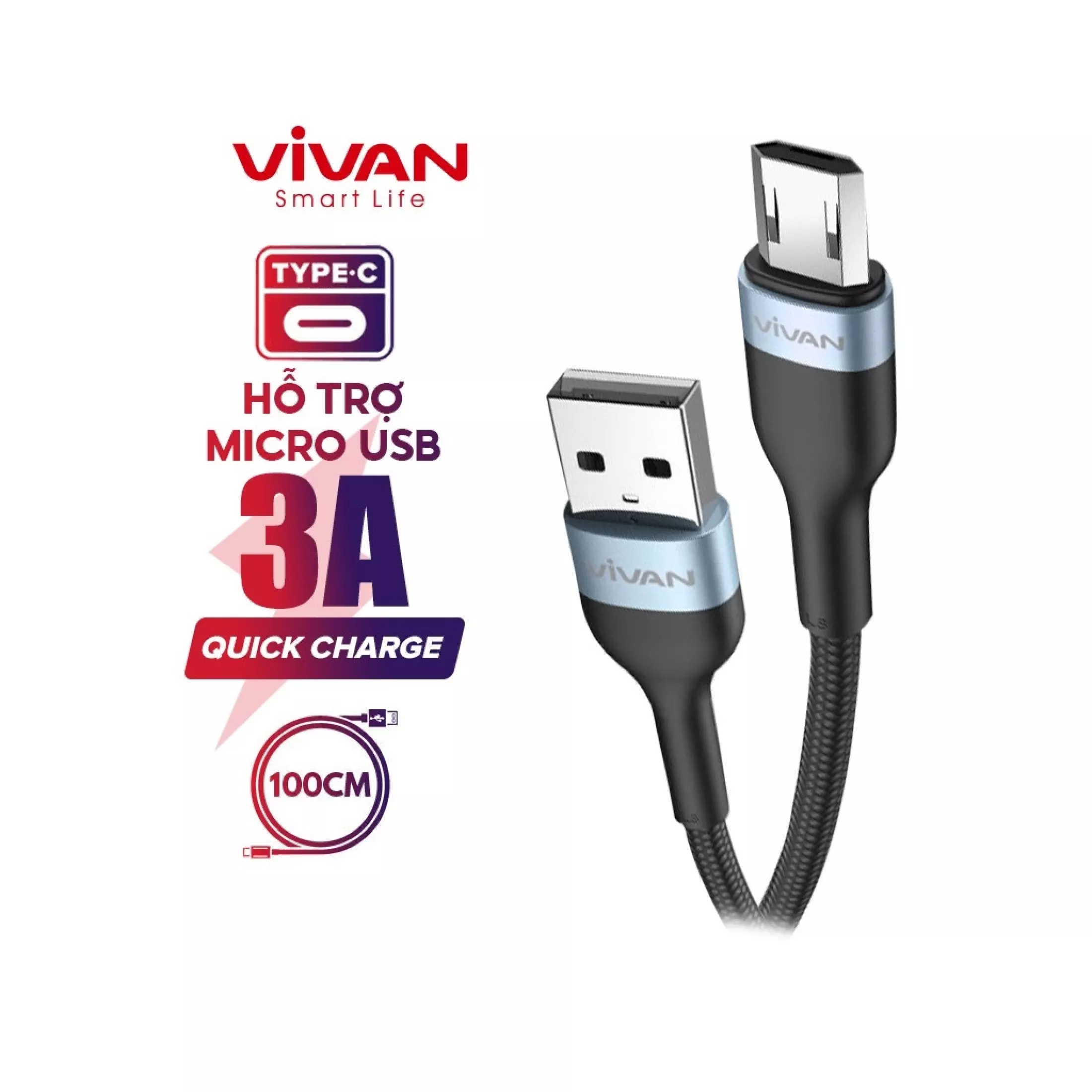 Cáp Sạc Nhanh Lightning/Type-C/Micro VIVAN 2.4A 100cm Thiết Kế Kim Loại Cao Cấp Tương Thích Mọi Thiết Bị - H àng CHÍNH HÃNG