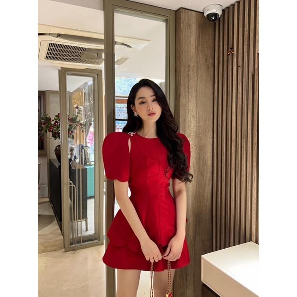Sét đầm Đỏ Tay Bồng xẻ vai màu đỏ tôn da tôn dáng