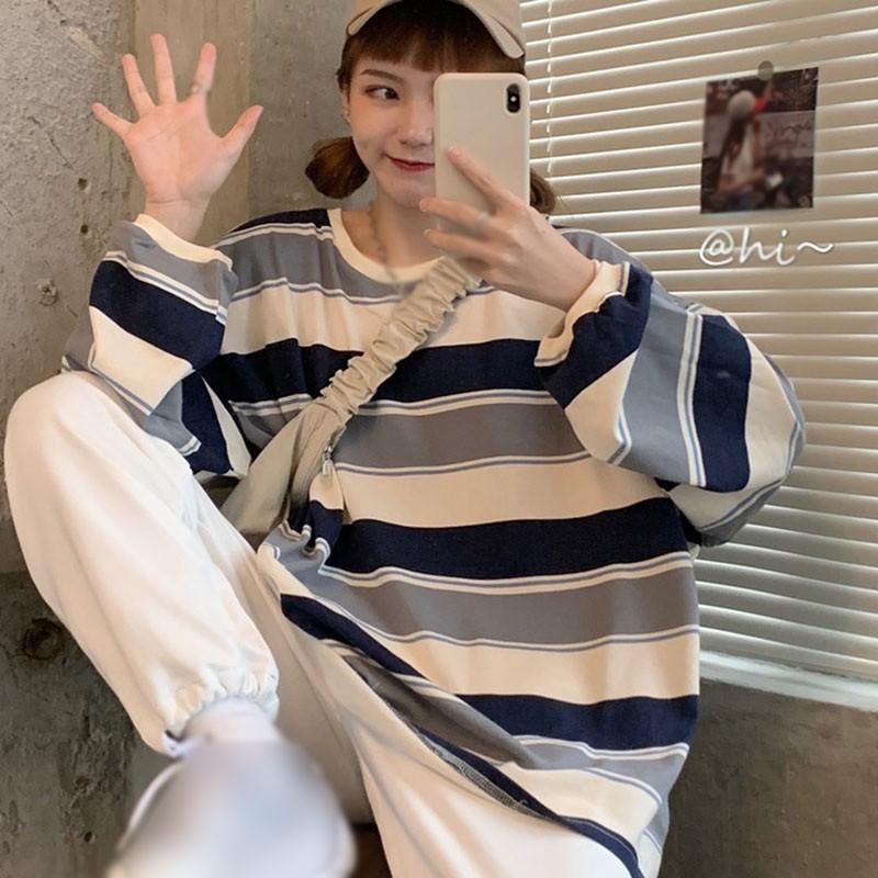 Áo Thun Dài Tay Dáng Rộng Với Họa Tiết Sọc Ngang Xinh Xắn Dành Cho Các Cặp Đôi