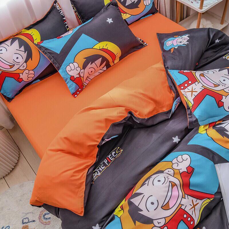 Bộ chăn ga gối Cotton poly M2T Bedding Lufy mũ rơm, vỏ chăn mền, drap nệm và 2 vỏ gối