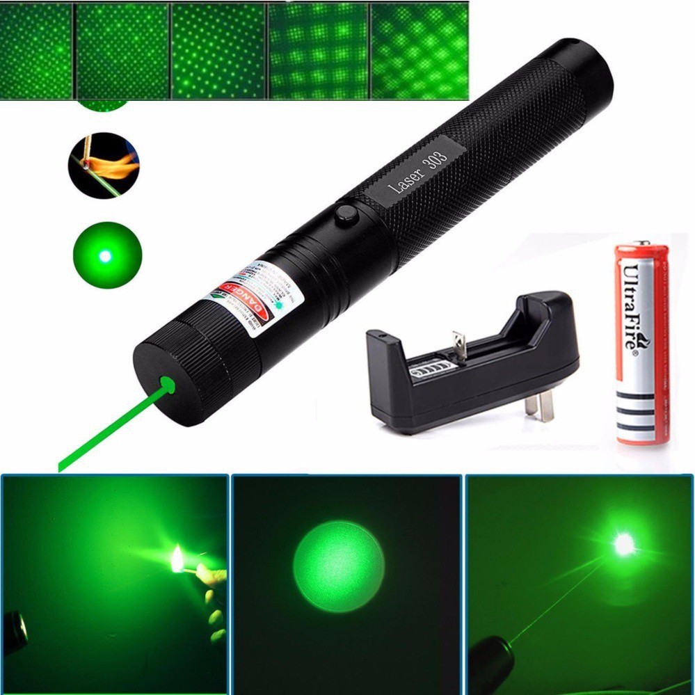 Đèn pin laser 303 siêu sáng gồm pin, sạc và khóa - Đèn lazer 303 tia Xanh lá - Hàng chính hãng