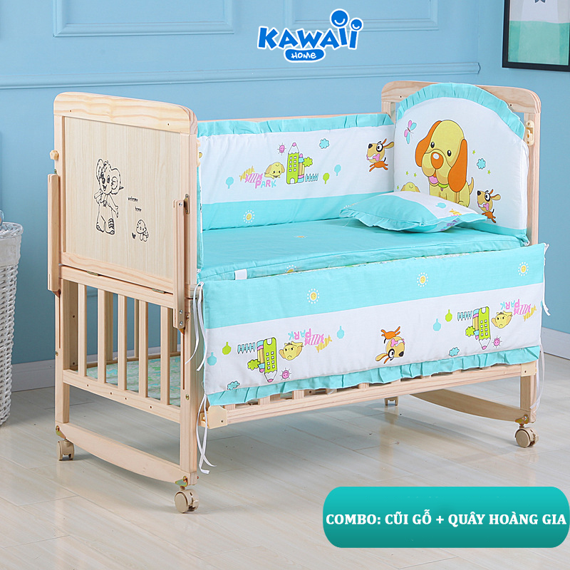 Cũi Cho Bé ( Kèm Quây Hoàng Gia Và Màn ), Cũi Em Bé 2 Tầng Gỗ Thông Kích Thước 105x60x90