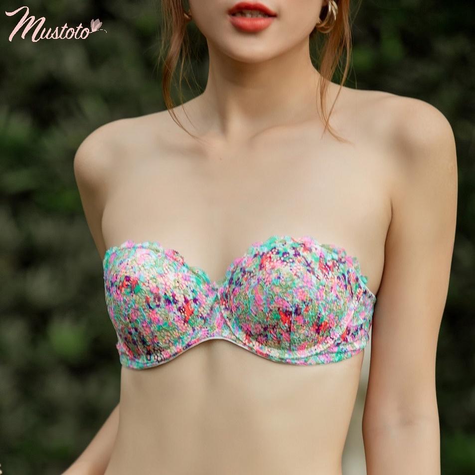 Áo Lót Ren Mút Mỏng 1cm Cúp Ngang Bra Confetti Hoa 7 Màu Tháo Rời Dây (Mustoto MA25)