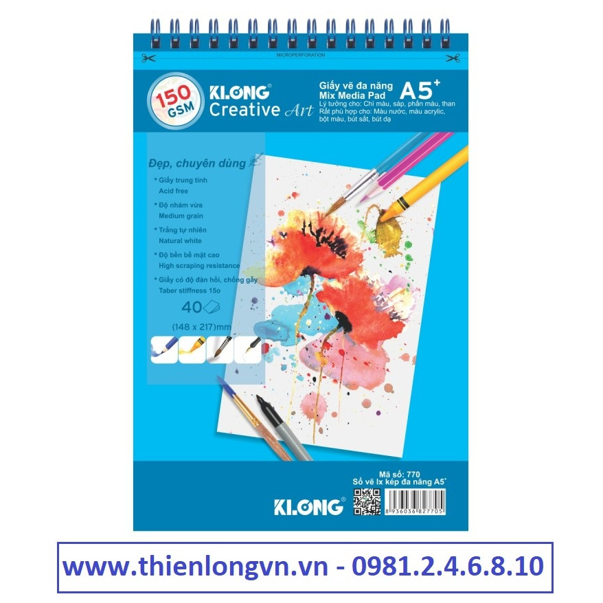 Sổ vẽ lò xo đa năng Creative Art A5 - 150 GSM - 40 tờ; Klong 770 xanh dương