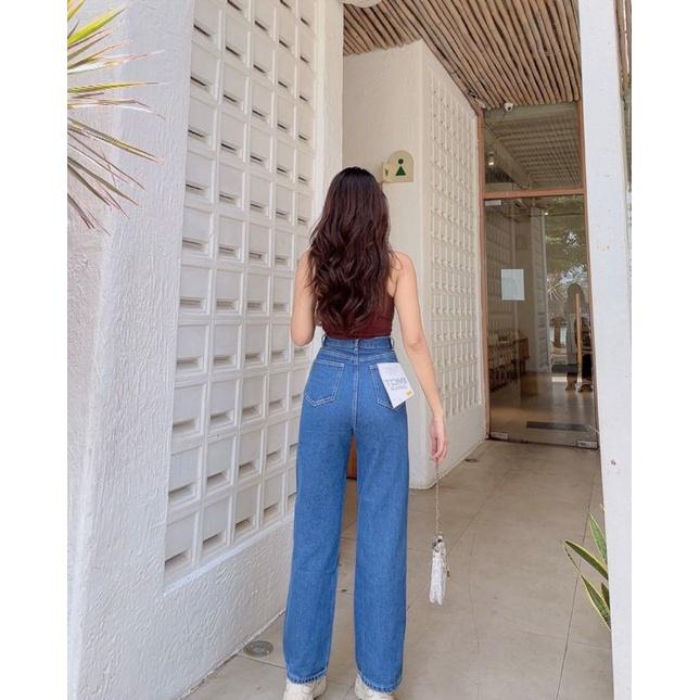 Quần jean nữ quần baggy jean ống suông cạp cao màu trơn dễ phối đồ