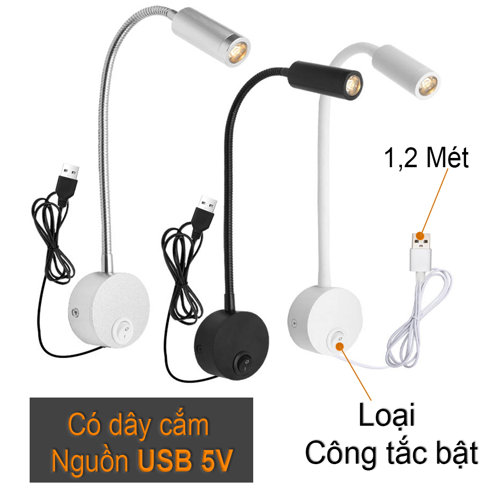 Đèn đọc sách gắn tường đầu giường Led 3W, Nguồn USB 5V, Ánh sáng chiếu rọi điểm, tích hợp đèn ngủ, Đèn soi tranh