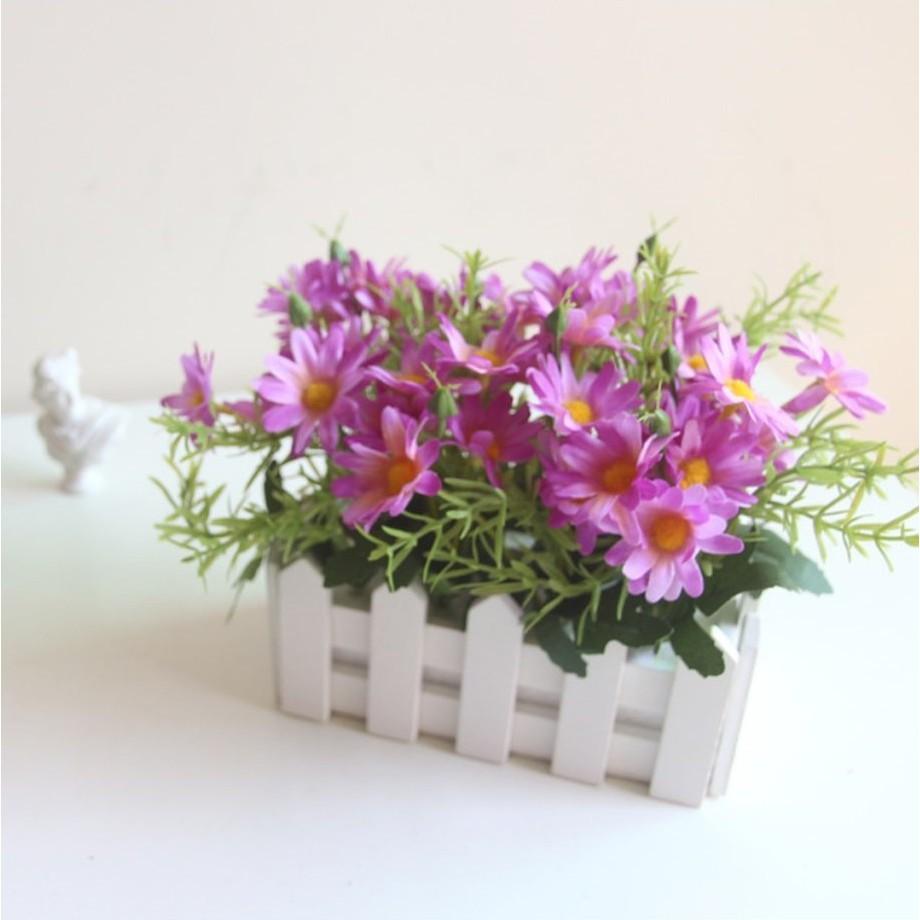 Hoa lụa, giỏ hoa cúc họa mi đẹp cắm sẵn hàng rào gỗ trang trí nhà cửa, văn phòng, spa, khách sạn GC-01