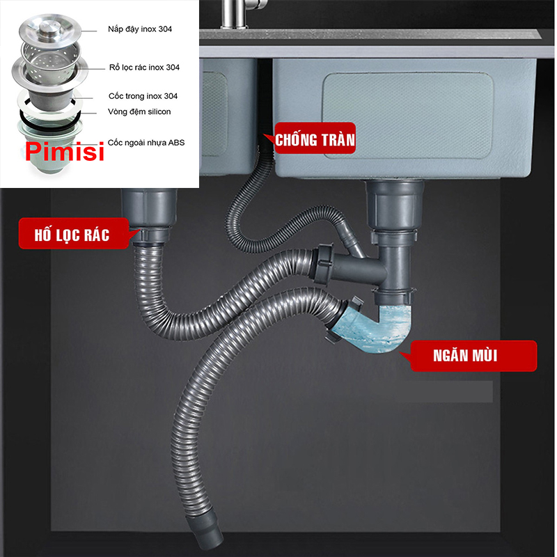 Chậu rửa bát chén inox 304 Pimisi đúc 2 hố cân, kích thước bồn rửa chén 78 x 43 - 82 x 45 cm làm từ thép không gỉ sus 304 đầy đủ xi phông loại to và kèm rổ đựng đồ dùng để rửa chén bát gắn được cả âm - dương bàn đá bếp | Hàng chính hãng