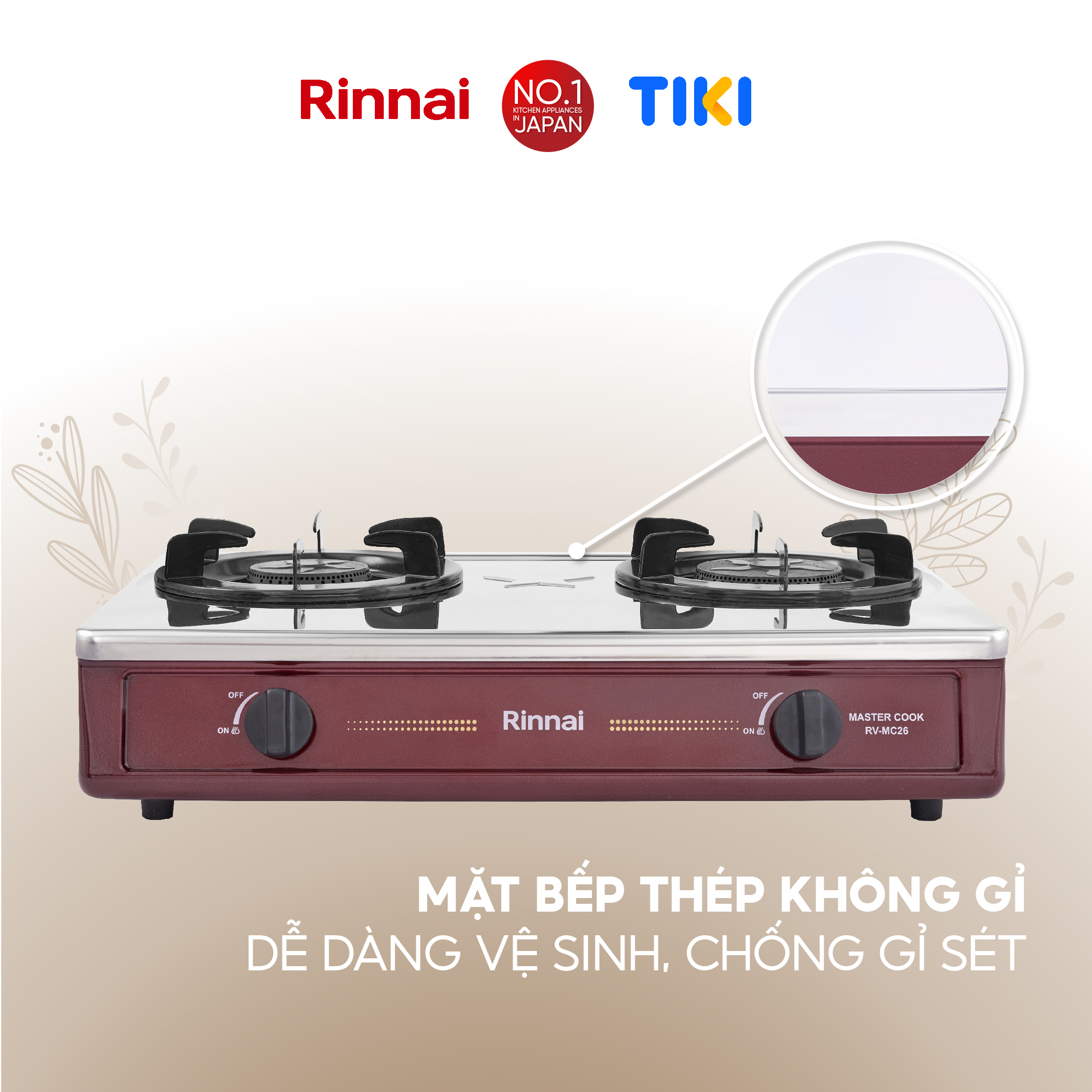 Bếp gas dương Rinnai RV-MC26RS mặt bếp inox và kiềng bếp men - Hàng chính hãng