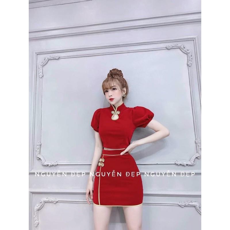 Sét áo cổ tàu tay phồng kèm chân váy viền né cực sang chảnh kèm video hình thật