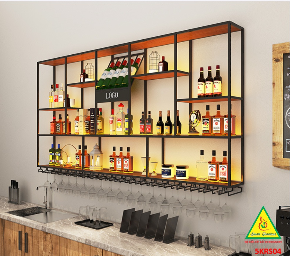 KỆ TRƯNG RƯỢU KHUNG SẮT – MẶT GỖ CÓ ĐÈN 5KRS04 - NỘI THẤT LẮP RÁP VIENDONGADV