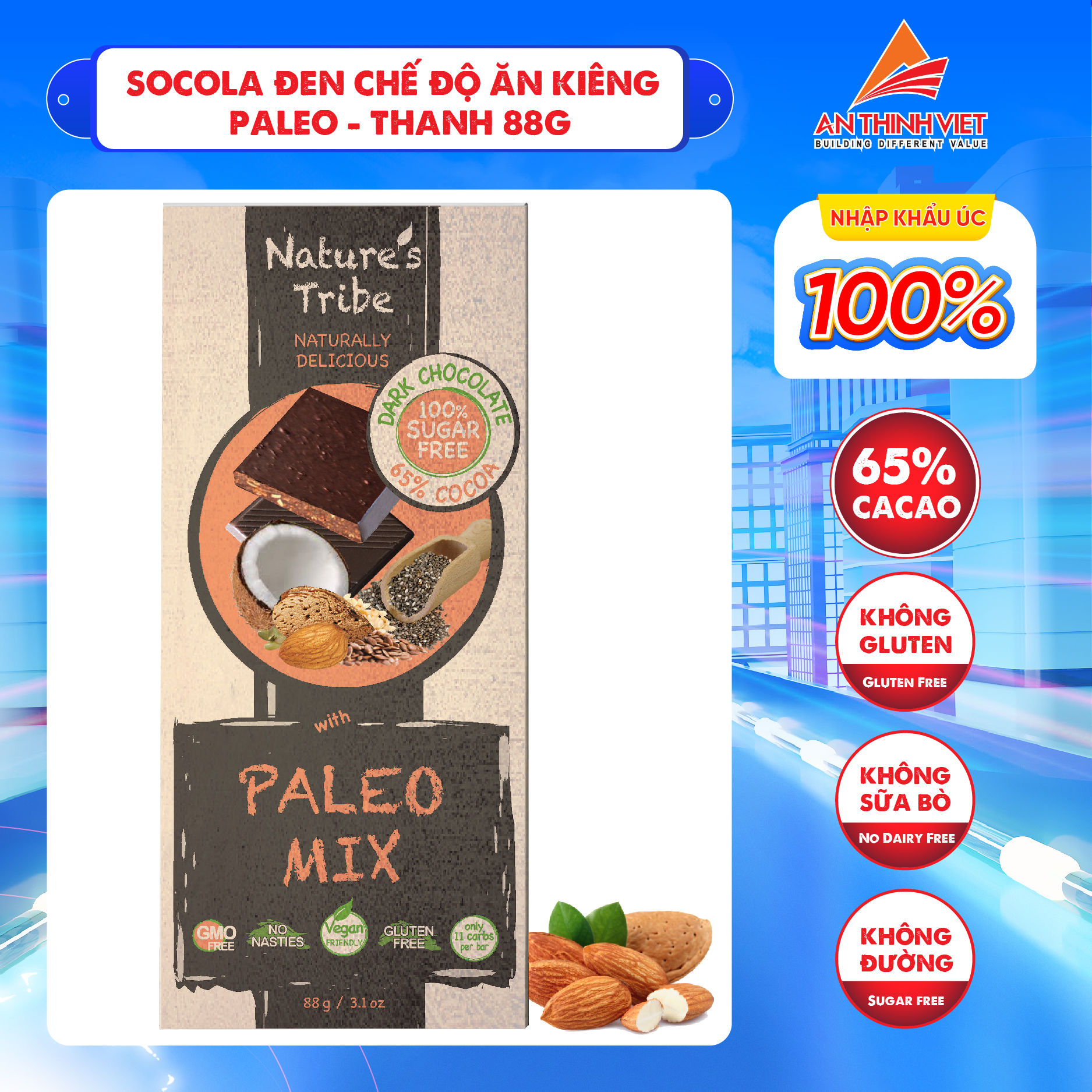 Socola Đen Paleo Mix Không Đường Gluten Free Nature's Tribe - Dark Chocolate With Paleo Mix Thanh 88g