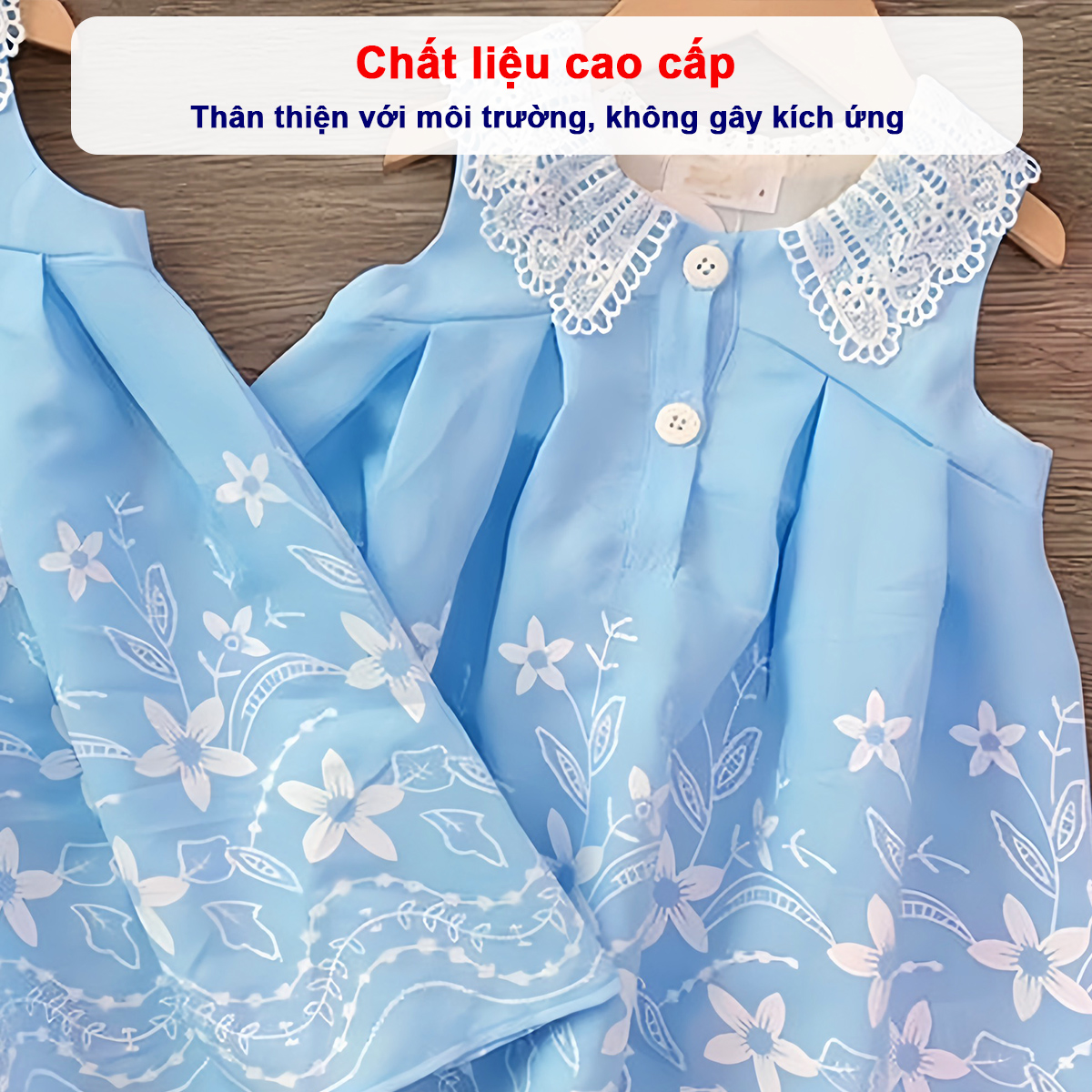 Đầm sóng xanh chất đũi nhẹ mềm mát cho bé gái 1-7 tuổi phối ren ở cổ và họa tiết thêu cực nữ tính BBShine – D069