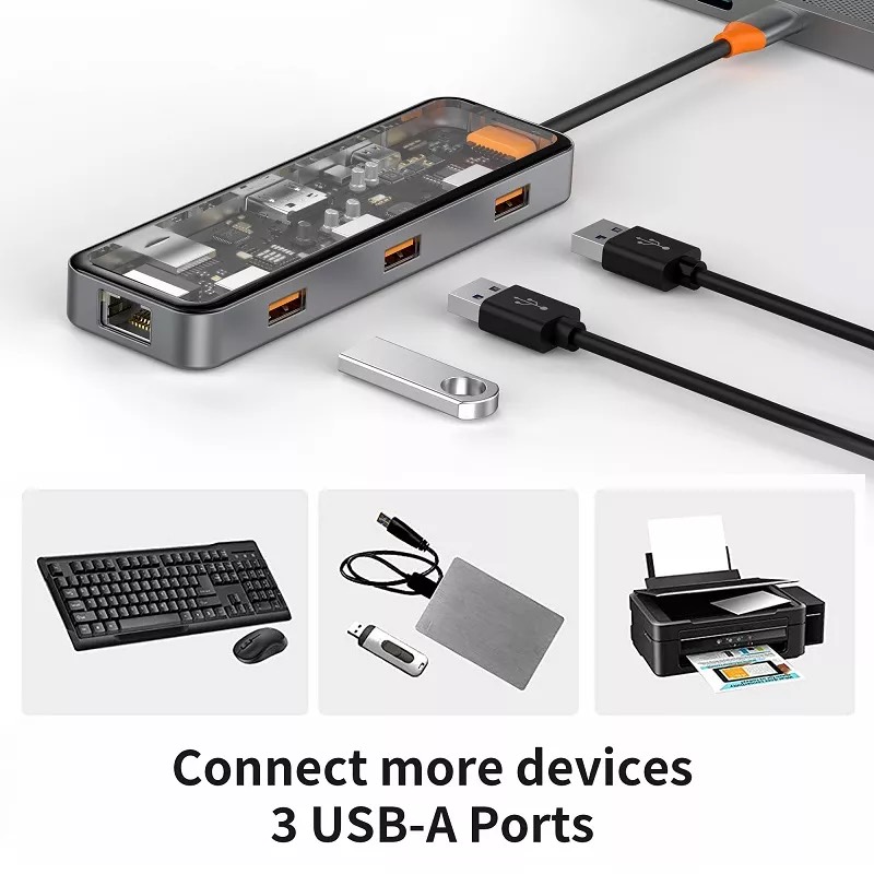 Hub Wiwu Cyper 8in1 CB008 1USB3.0*2+USB2.0*1+SD/TF(3.0)+HDMI(4K30)+PD+RJ45 Truyền dữ liệu cực nhanh, hỗ trợ truyền nhanh 5Gbps - Hàng chính hãng