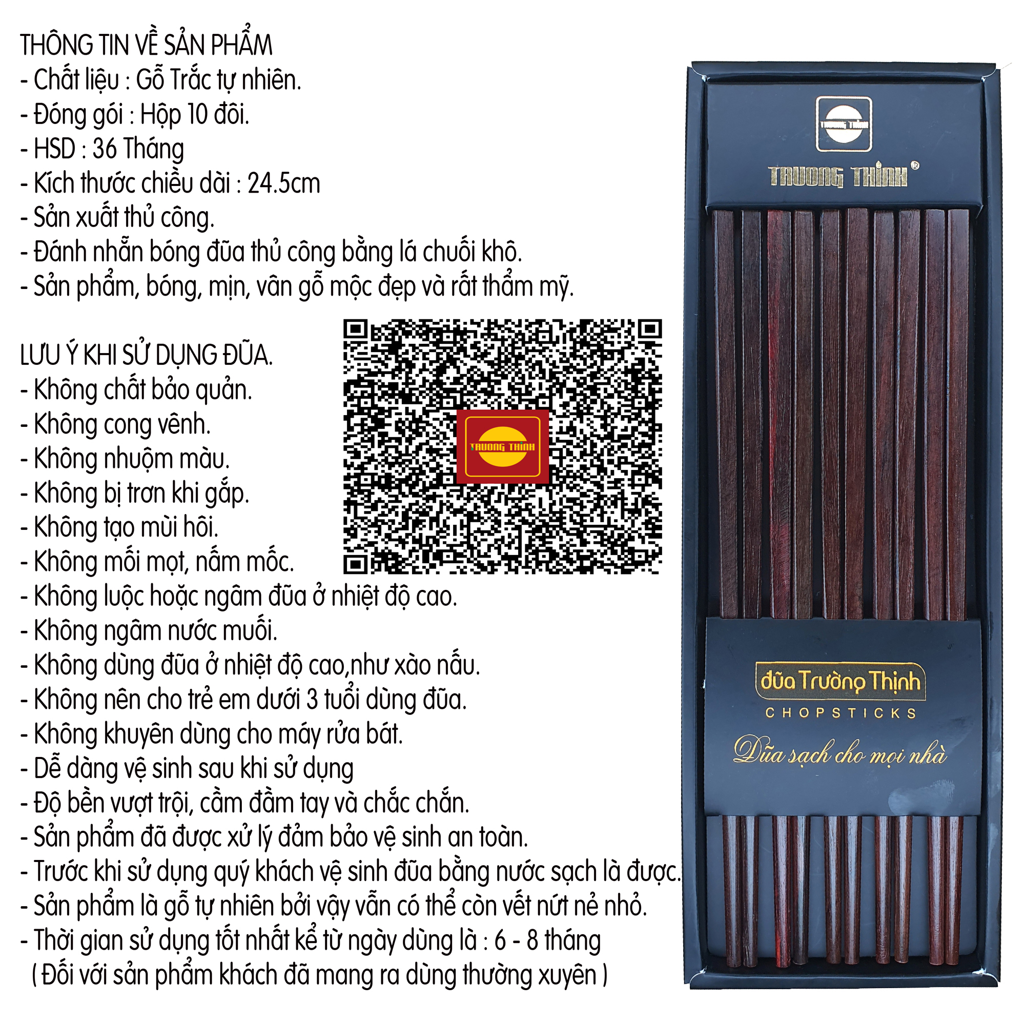 [ Hot ] Đũa Dùng Ăn 100% Gỗ Trắc Thương Hiệu TRƯỜNG THỊNH - Hộp Màu Đen - 10 Đôi Vuông Trơn.