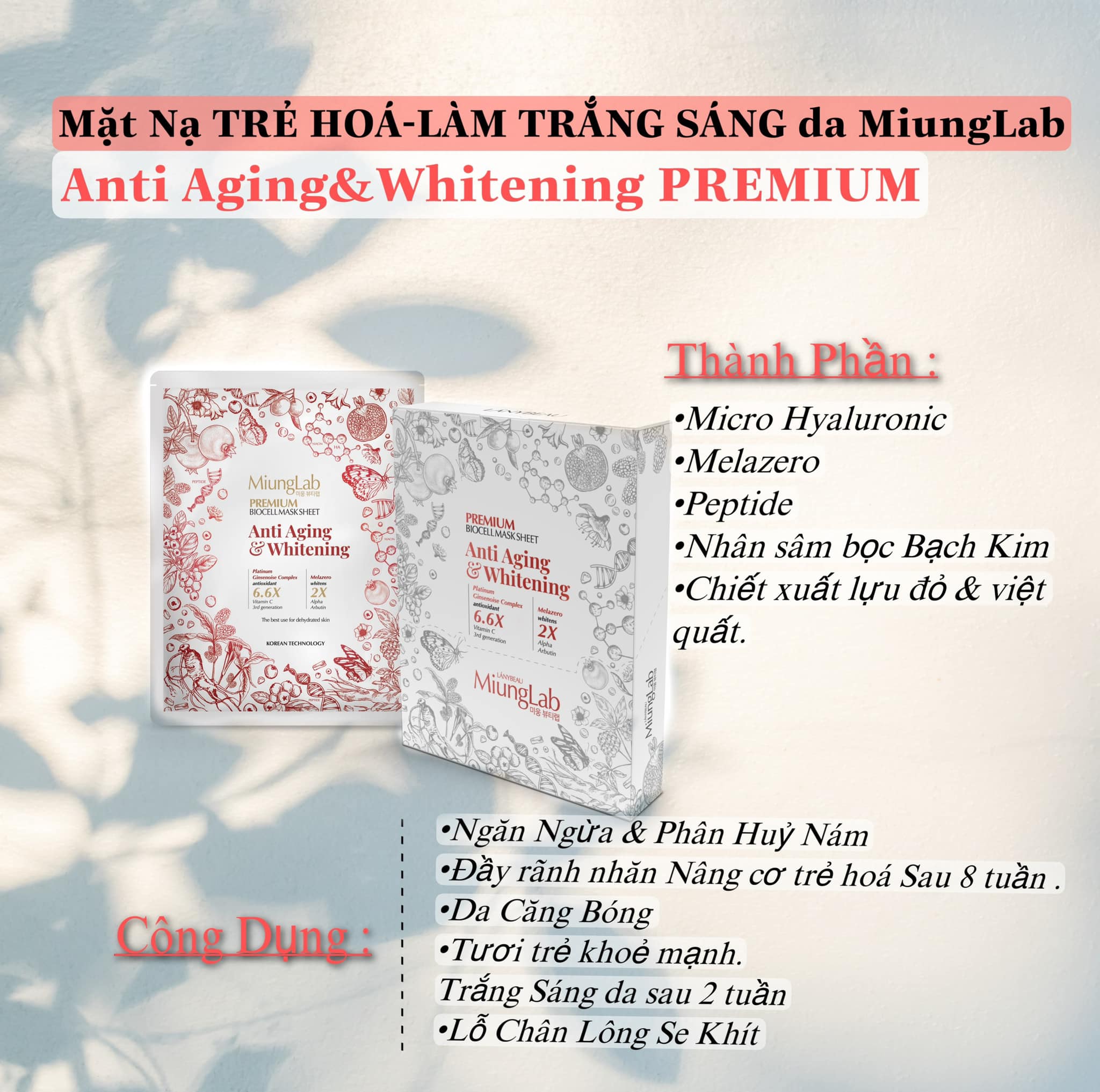 Hộp 8 mặt nạ chống lão hóa và dưỡng trắng da MiungLab Premium Anti-Aging and Whitening
