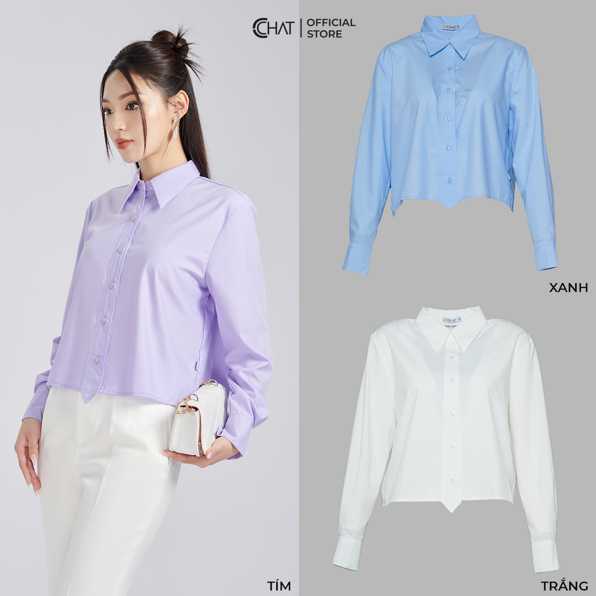 Áo Sơ Mi Nữ Kiểu Nẹp Nhọn Croptop Dáng Suông Chất Mango Cao Cấp 53FDE2030ST