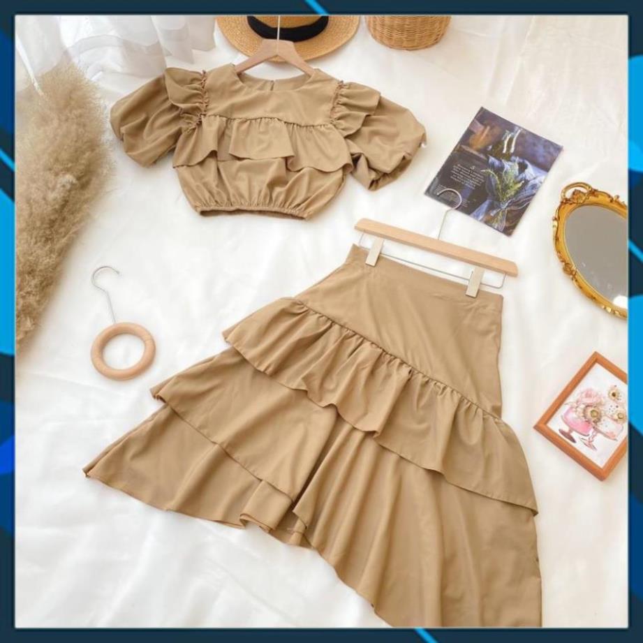 SET ÁO TẦNG CHÂN VÁY XÉO - Chất liệu Kaki Cotton