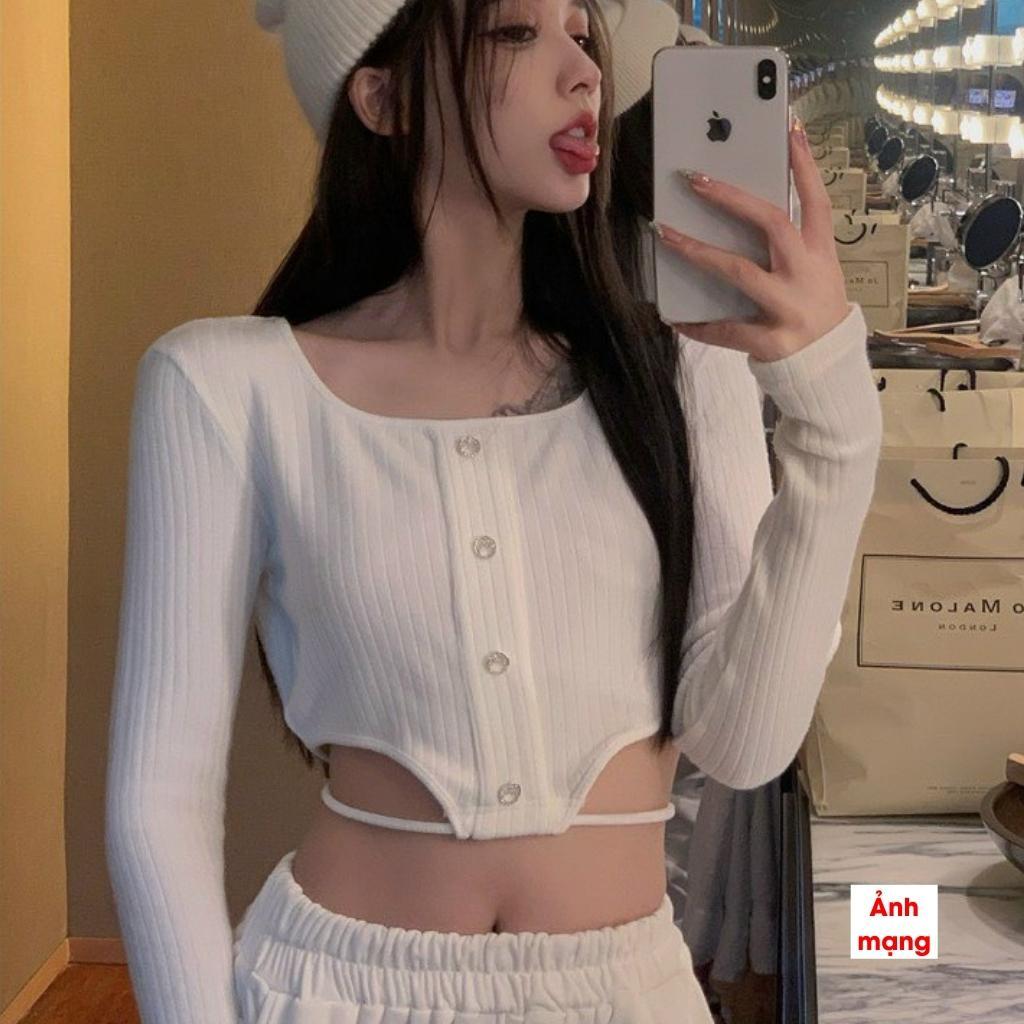 Áo croptop tay dài cổ vuông GenY - Áo kiểu nữ ôm body, eo phối dây cực tôn dáng, chất thun gân dày dặn